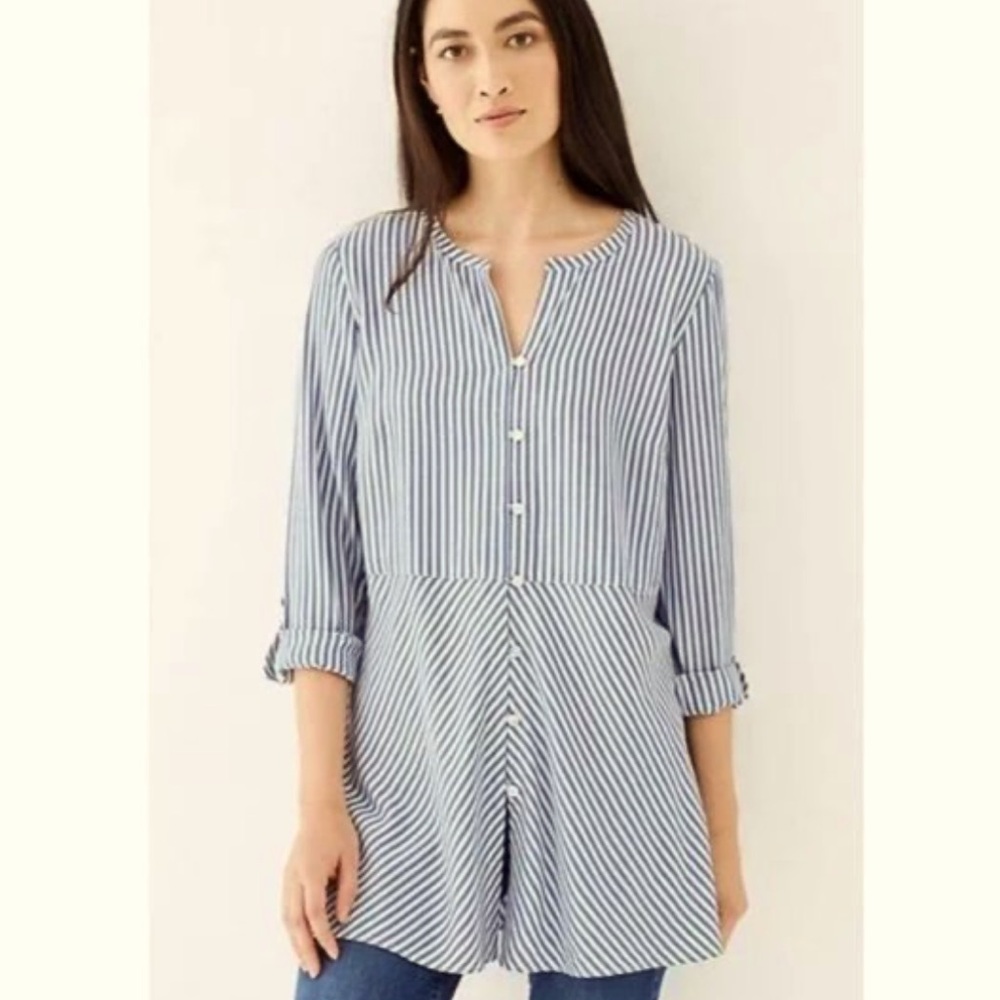 J. Jill Navy Blue White Striped Button Up Tunic Top Size M Roll Tab Long Sleeve